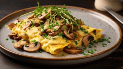 A delicious mushroom omelette on a plate. - obrazy, fototapety, plakaty