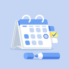 Blue pen marks the date, holiday, priority, important, reminder day on cute mini calendar concept on blue background. Vector illustration minimal design for banner and poster.