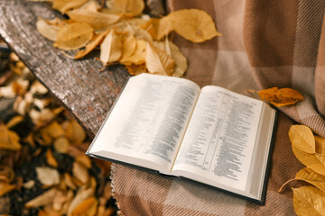 Naklejka na ściany i meble Open Bible on a blanket, autumn