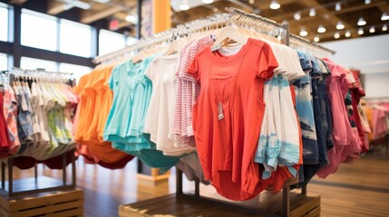 Large clothing stores showcasing women’s summer wear including tops, shorts, and skirts.