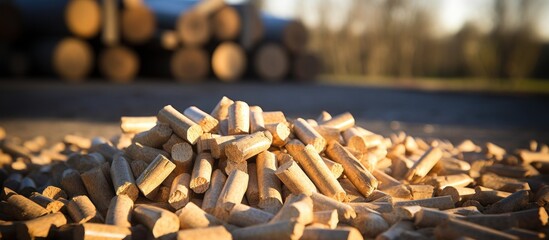 Biofuel pellets, cut logs, and briquettes photographed during the day.