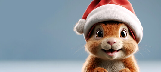 squirrel in a Christmas hat, Merry Christmas card, panoramic layout. Generative Ai - obrazy, fototapety, plakaty