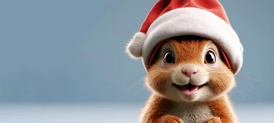 Fotobehang squirrel in a Christmas hat, Merry Christmas card, panoramic layout. Generative Ai © Alexandra