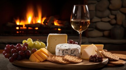 A cheese platter and wine presented in front of a fire.