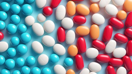 Background pattern of pills and medicine capsules on colored background