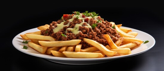 Spicy fries doubled in portion and served with beef mince.