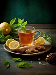 Cup of ginger tea with lemon honey and mint on the table composition