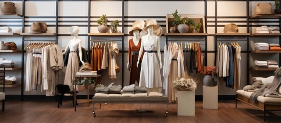 Trendy clothes showcased in a boutique store. - obrazy, fototapety, plakaty