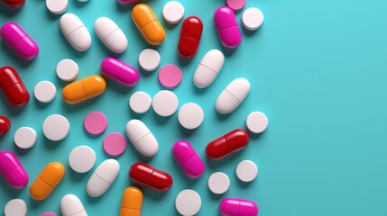 Pattern of pills and medicine capsules on vivid color background
