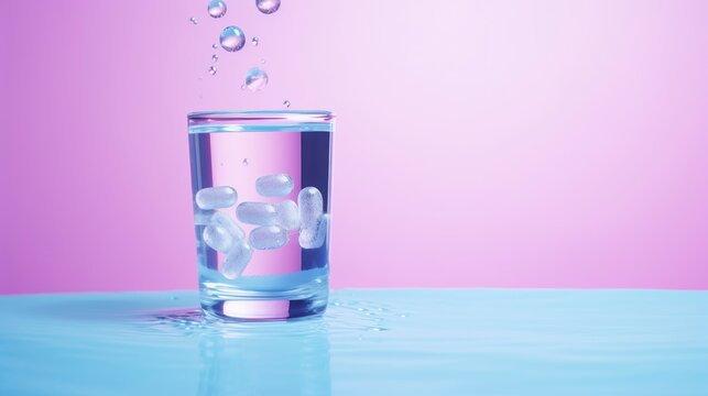 Pills dissolving in glass of water on solid color background