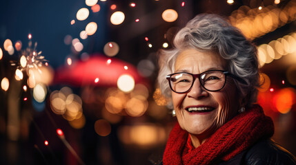 Obraz na płótnie Canvas An elderly woman with silver hair and glasses beams with joy on a bustling city street, bathed in the warm glow of bokeh lights during the evening.