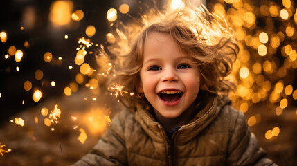 A young girl with sparkling blue eyes and a warm smile wears a winter hat with twinkling lights, surrounded by a magical atmosphere of golden bokeh lights.