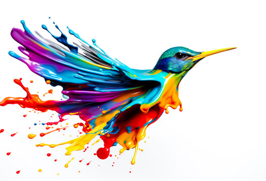 Fantasy digital art of hummingbird flying with multicolored liquid splash in surface.funny animal in surreal surrealism ideas.creativity and inspiration background.