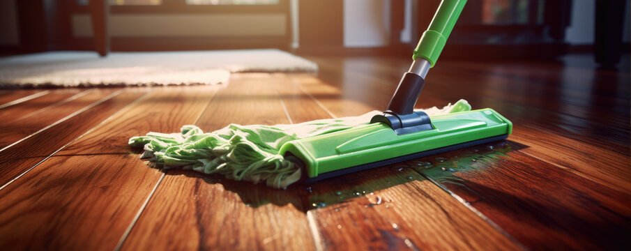 washing wooden laminate floor using microfiber swiffer or wet mop pad, homework cleaning routine concept. housekeeping work detail.