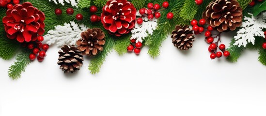 A white table adorned with a Christmas composition of pine cones, fir, oak leaves, berries, and flowers.