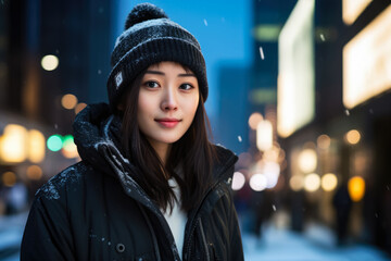 Young Asian woman standing on the streets on a city winter scene