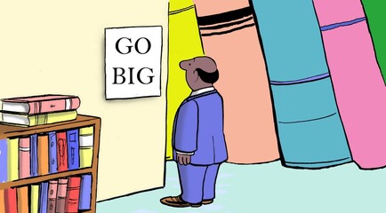Black man reads 'go big' sign.