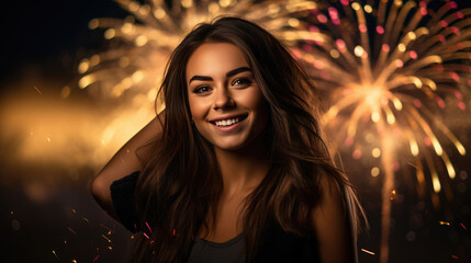 Curly-haired woman with a gleaming smile is captured in a festive evening atmosphere with sparklers and shimmering bokeh lights in the background.