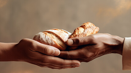 hands exchanging bread, showcasing community support, on a grainy taupe background