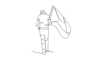 A young man holding a Palestinian flag. Palestine one-line drawing