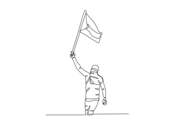 A man waving a Palestinian flag excitedly. Palestine one-line drawing