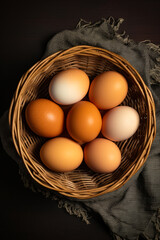 Basket of eggs on table with cloth in the background.