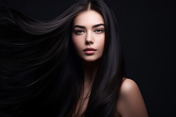 Fototapeta premium Portrait of a young woman with luxurious, long, straight, shiny black hair against a dark background