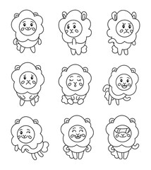 Cute sheep character. Coloring Page. Kawaii mammal animal different poses and emotions, love, joy, sadness, anger. Vector drawing. Collection of design elements.