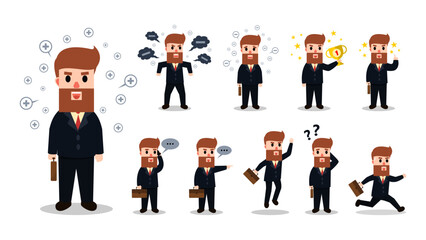Set of Businessman character design. Man shows various emotions such as positive energy and negative energy. Managers who perform various actions such as talking on cell phones and receiving trophies