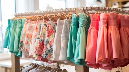 Display of women's summer wear, such as tops, shorts, and skirts, in large clothing stores.