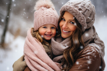 Fototapeta premium Mother and son enjoying the winter in the outdoors
