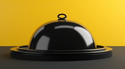 Obraz premium Black Dish with lid holding hands isolated on yellow, opened restaurant cloche, launch time promo banner concept. 3d rendering 