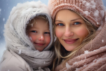Mother and son enjoying the winter in the outdoors