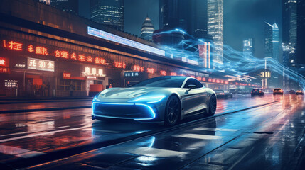 An urban landscape is dominated by futuristic electric cars quietly traversing the streets, preserving the environment