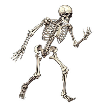 spooky scary skeleton moving . Clipart PNG image . Transparent background . Cartoon vector style . Generative AI 