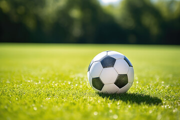 Fototapeta premium Classic black and white soccer ball on green grass. Active lifestyle, amateur football, street soccer, activity for children, teenagers, summer camp concept