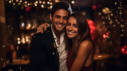 A joyous couple, closely embracing with sparkling lights and sparklers around them, celebrates a special occasion - obrazy, fototapety, plakaty