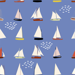 Boats seamless pattern. Summer sea print with sailing ships. Nautical vector background