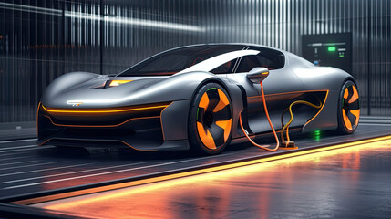 An electric car is plugged into a charging station, getting charged and ready for the next journey