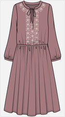 LONG SLEEVES DRESS WITH THREAD EMBROIDERY DETAIL DESIGNED FOR WOMEN AND YOUNG WOMEN IN VECTOR ILLUSTRATION 