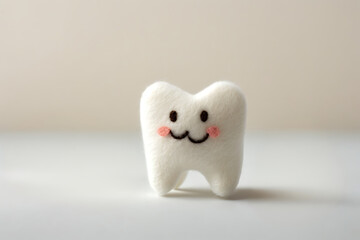 Cute felt tooth mascot, rosy cheeks and all, flashing big smile.