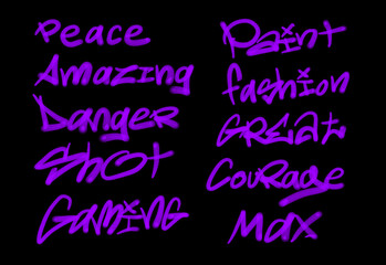 Collection of graffiti street art tags with words and symbols in violet color on black background