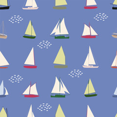 Boats seamless pattern. Summer sea print with sailing ships. Nautical vector background