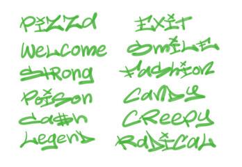 Collection of graffiti street art tags with words and symbols in green color on white background