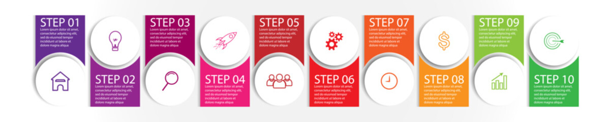 10 step infographic, simple infographic design consisting of ten interrelated parts, circle design combined with lines, icons and colors, good for your business presentation