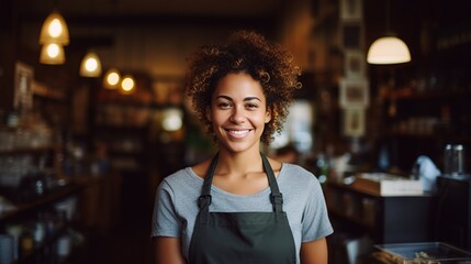 A radiant woman in glasses, adorned in an apron, graces the kitchen of a bustling restaurant with her warm smile and confident presence, surrounded by the vibrant walls and busy ambiance, embodying t