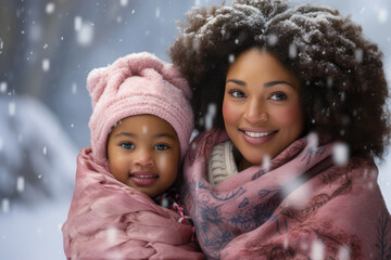 African American mother and son enjoying the winter in the outdoors