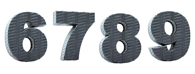 Alphabet with metal texture. Numbers 6, 7, 8, 9,  made in 3D render with art for the industry. Easily removable white background.
