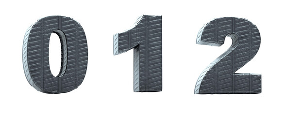 Alphabet with metal texture. Numbers 0, 1, 2 made in 3D render with art for the industry. Easily removable white background.