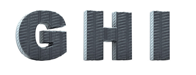 Alphabet with metal texture. Letters G, H, I made in 3D render with art for the industry. Easily removable white background.